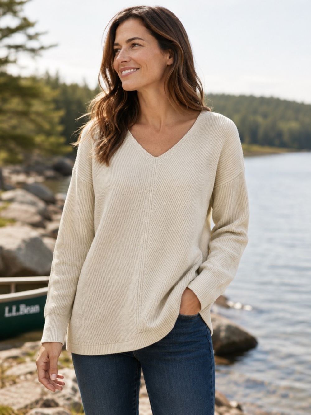 L.L. Bean Women’s V-Neck Cotton Sweater – Cream Textured Knit Pullover, Size L